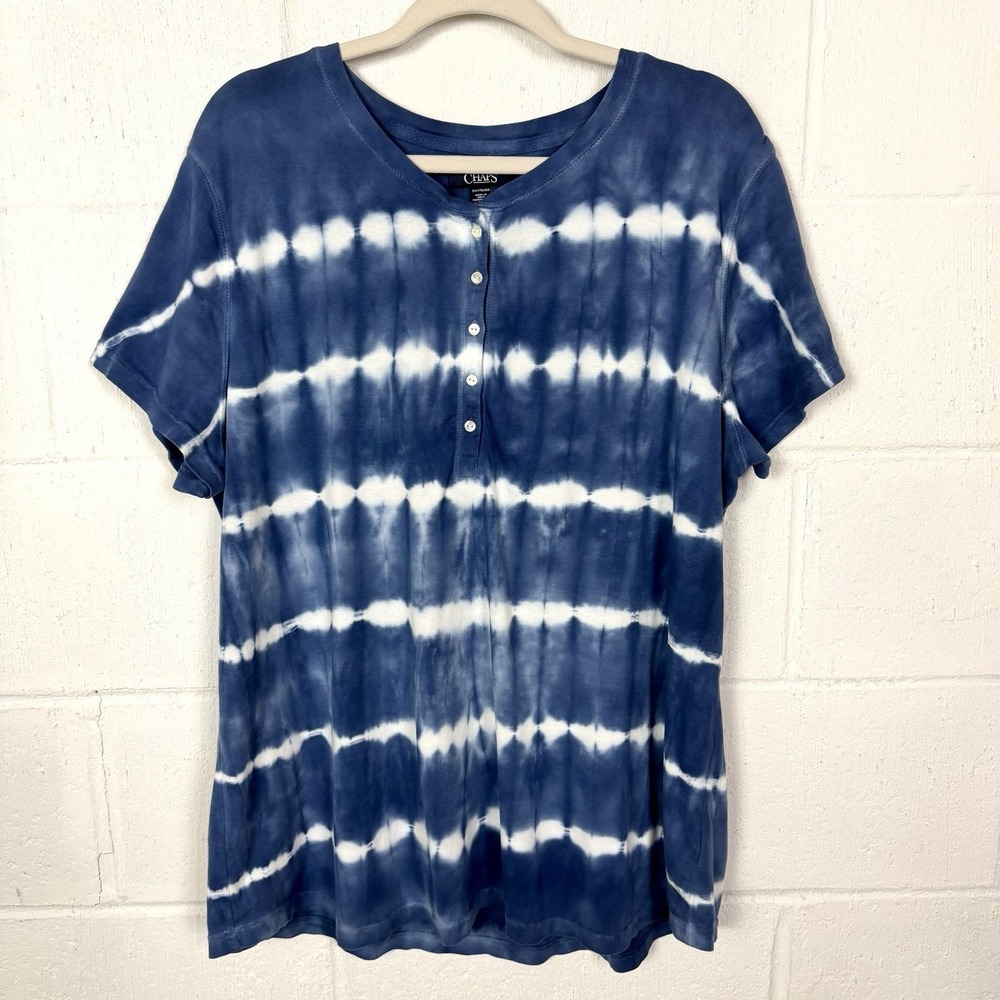 Chaps Henley Tunic Top Blue Tie-Dye Stretch Casual Beach Coastal Plus Size 2X